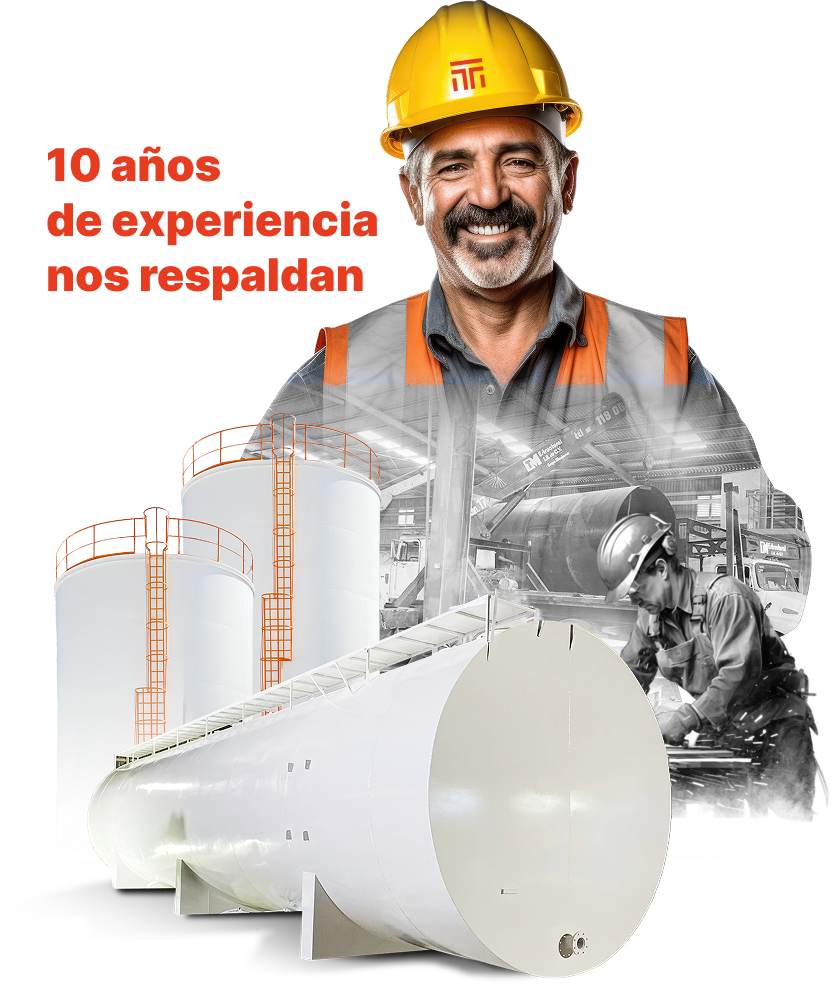 Ingeniero industrial con casco amarillo frente a tanques metálicos y taller de soldadura, representando experiencia y certificación.